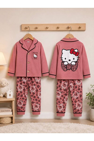 %100 Pamuk Uzun Kollu Düğmeli Tatlı Kedicik Desenli Sırt Baskılı Yumuşak Dokulu Alt Üst Kız Bebek Pijama Takımı