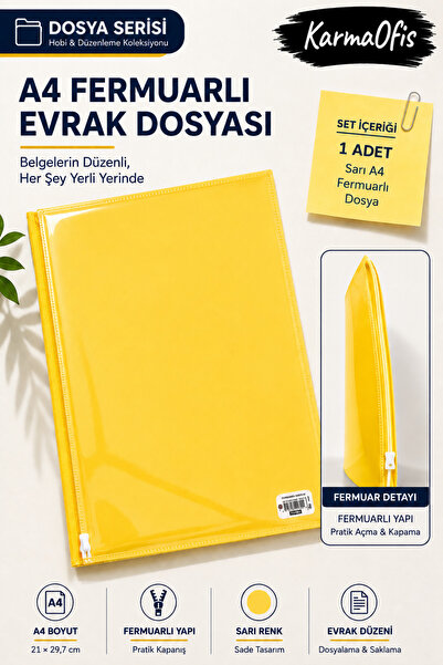 KarmaOfis Sarı A4 Fermuarlı Evrak Dosyası Belge Doküman Saklama Dosyası Renk ...