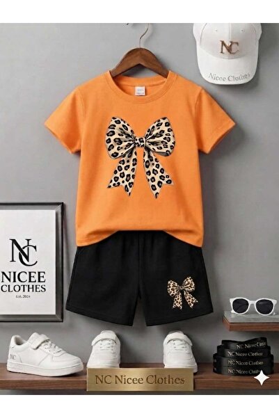 Leto Lykia Summer Children's T-Shirt Shorts Unisex (Ribbon Print Leopard Color)