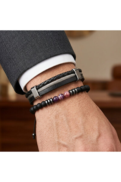 toptanhanem 2 Combination - Leather and Purple/Pink Natural Stone Double Men'...