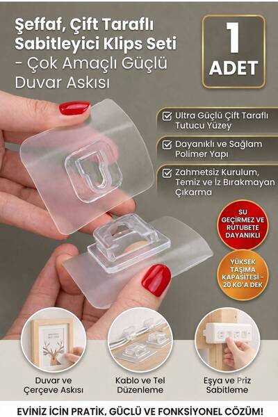 Reona 1 Adet Şeffaf Yapışkanlı Duvar Kancası – Geçmeli Çift Taraflı Klips, Eş...