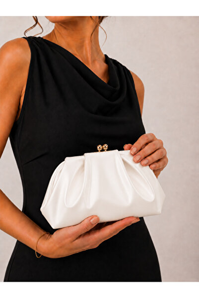 mossi Beyaz Burslu Drapeli Zincirli Abiye Çanta Clutch Portföy Çanta