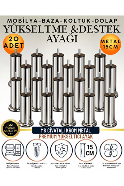 KAYRA LEATHER CRAFT 20 Adet 15 Cm M8 Vidalı Metal Krom Ayak Mobilya Ayağı Baz...