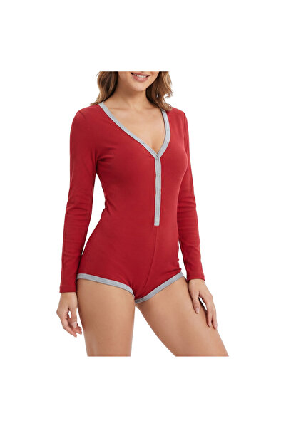 OtherMax Body Dama Mânecă Lungă Decolteu Adânc Cu Nervuri Elastic Roșu S — bo...