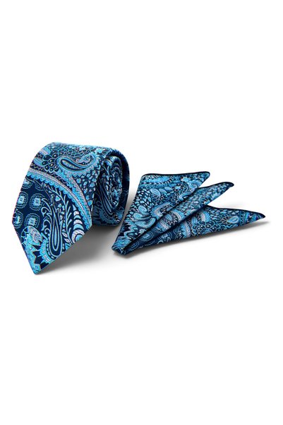 VENCHY Lacivert Turkuaz Paisley Desen Mendilli Kravat 8108-5MK