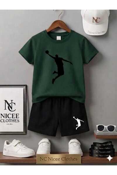 Leto Lykia Summer Children's T-Shirt Shorts Unisex (Black with Basketball Print)