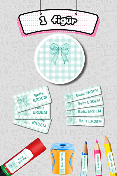 Sticker Ekspres Okul Etiketi Yeşil Kurdeleli Ekose Kalem Defter Etiketi Özel İsim Yazılabilen Etiket 245 Adet İsim Etiketi