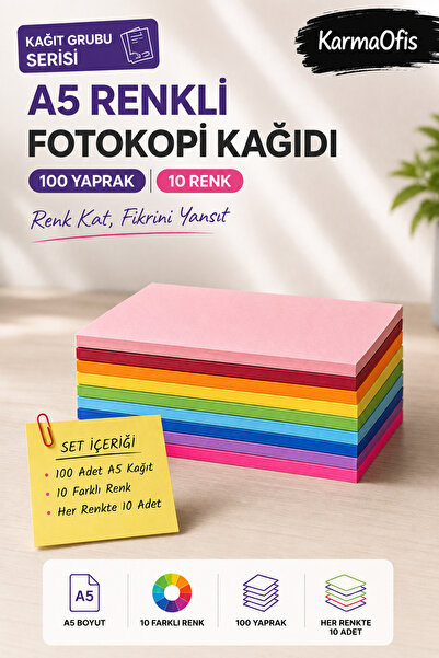 A5 Renkli Fotokopi Kağıdı 10 Farklı Renk 100 Yaprak Hobi El İşi Yazıcı Kağıdı