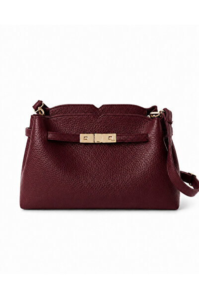 Miesse Women's Leather Textured Shoulder Bag with Gold Buckle - Claret Red
