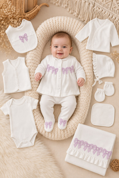 EDM Kidss Baby Girl Hospital Discharge Set with Bow and Pearl Detail, 10-Piec...