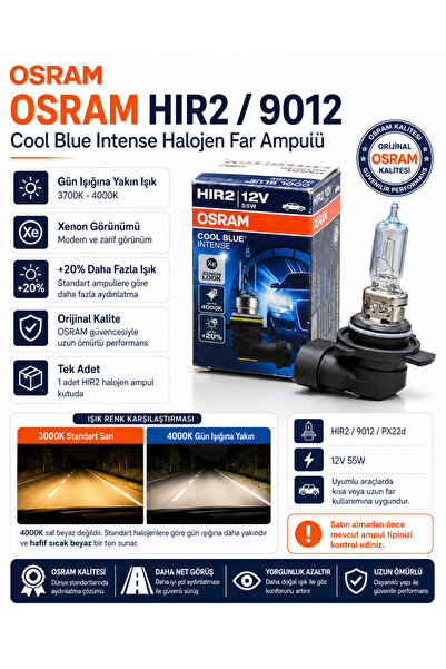 Osram HIR2 9012 Cool Blue Intense Halojen Ampul 12V 55W 4000K Xenon Görünümlü...
