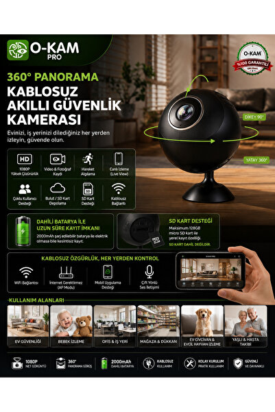 O-KAM PRO OKAM OK-104 EKOW WiFi Mini Bataryalı Balık Gözü Lens Kamera Küçük b...