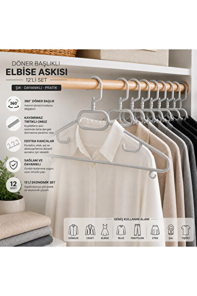 Mayden Concept Döner Başlıklı Elbise Askısı 12'li Set Gri – Kaydırmaz Tırtıkl...