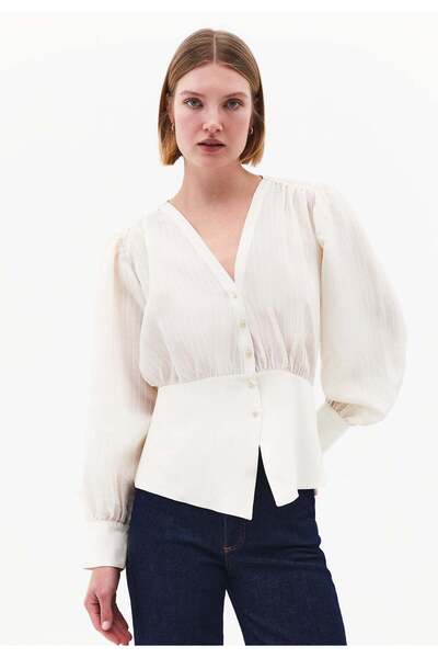 OXXO Ruched V-Neck Long Sleeve Blouse - ALMOND MILK