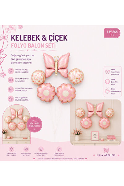 Genel Markalar Lila Atelier Kelebek ve Çiçek Folyo Balon Seti Pembe – 5 Parça...