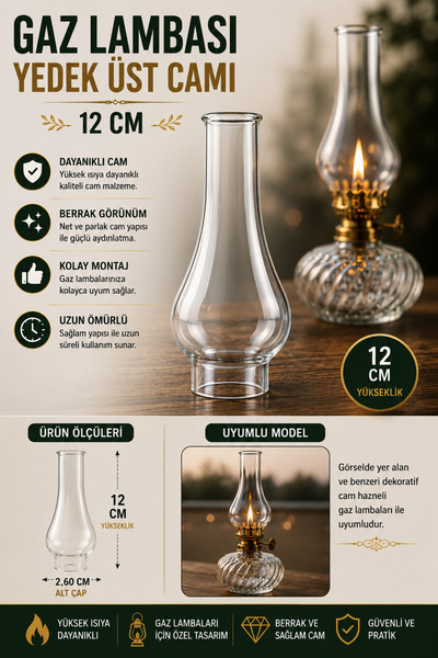 plant-home 12 cm Gaz Lambası Yedek Üst Camı – Dekoratif ve Nostaljik Gaz Lamb...