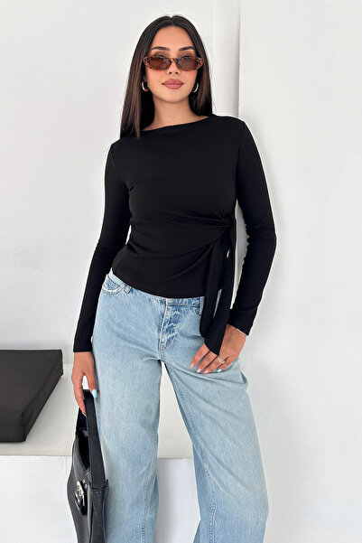 Noa&Noa Women's Tie Detail Long Sleeve Boat Neck Blouse