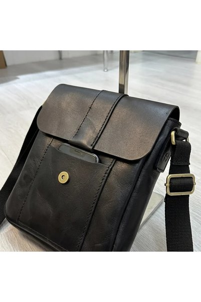 Generic Brand Unisex Genuine Leather Black & Bitter Brown Optional Messenger Bag with Adjustable Strap Crossbody Bag 24X21 cm