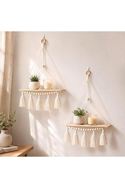 Artilady Bohemian Vintage Style Wooden Shelf with Macrame Rope Wall Hanging, ...