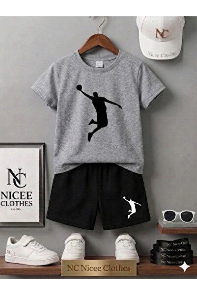 Leto Lykia Summer Children's T-Shirt Shorts Unisex (Black with Basketball Print)