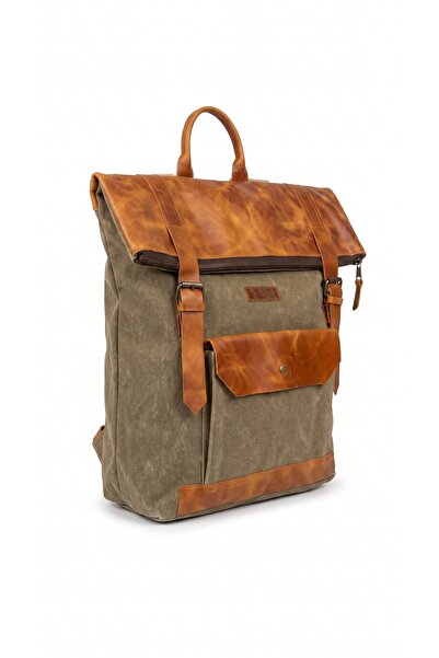MANDOSİ Rucsac vintage din piele naturală și pânză cerată, impermeabil, cu co...