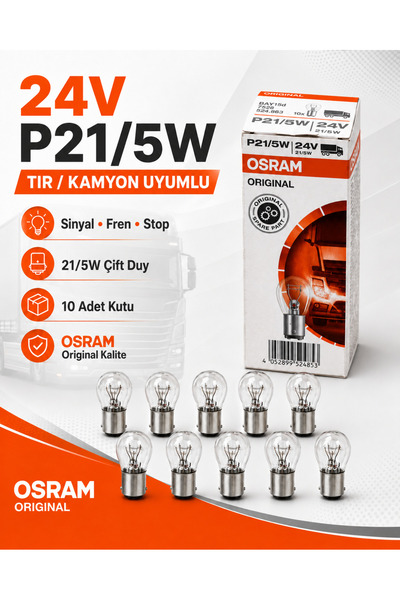 Osram P21/5W 24V Ampul 21/5W BAY15d Çift Duy Tır Kamyon Stop Fren Sinyal Ampu...