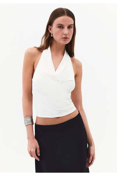 OXXO Cowl Neck Bodycon Sleeveless Blouse - CLOUD DANCER