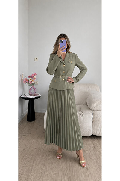 Ekim Store Pleated Belted Jacket Skirt Double Blazer Set