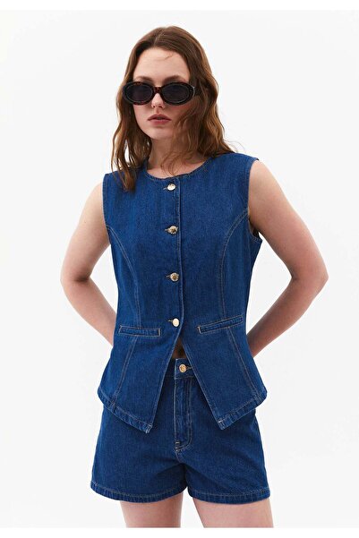 OXXO Button Detailed Denim Vest - MID BLUE DENIM