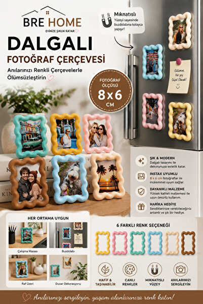 BRE HOME Mıknatıslı Dalgalı Fotoğraf Çerçevesi 8x6 cm – Buzdolabı Magnetli In...