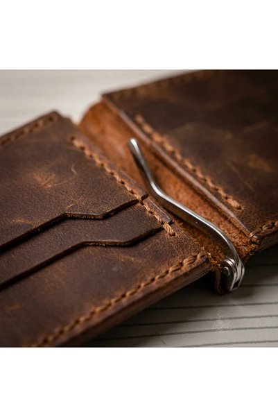 Generic Brand 100% Handcrafted Genuine Leather Money Clip Men's Wallet with Clip Mini Card Holder 7X12 cm