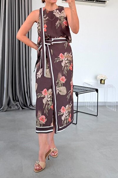 Suziş Linen Flowered Blouse and Skirt Set 4S0077