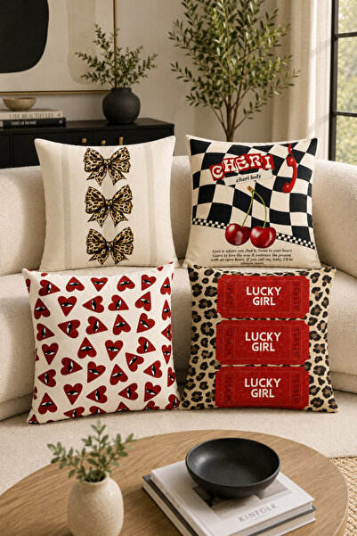 stellahomes Retro Leopard Cherry Heart Pattern Decorative Throw Pillow Cover–...