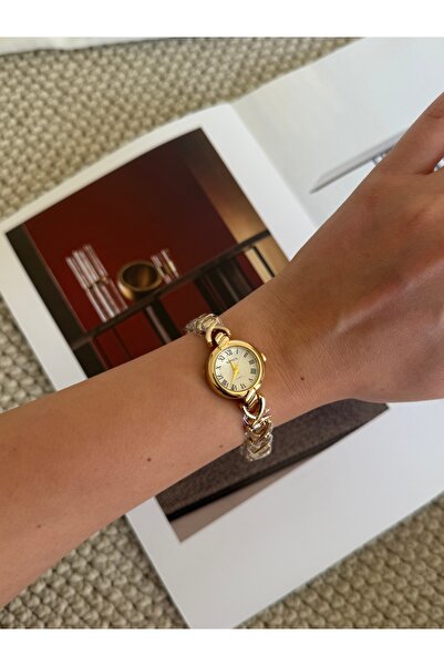 Kadın Gold Roma Rakamlı Saat Yuvarlak Çelik Kordon Analog Quartz Kol Saati Siyah / Beyaz Kadran