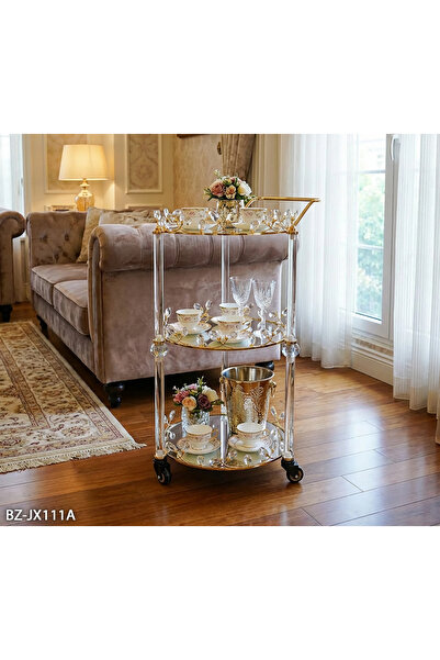 Hinora 3 Katlı Tekerlekli Servis Arabası Gold Kristal Damla Taşlı Şarap Bar Ç...