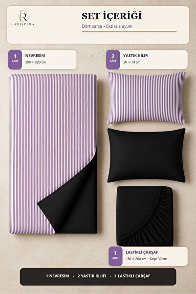 Larispera Double Sided Cotton Duvet Cover Set Striped-Plain Black 4 Piece Set with Fitted Sheet