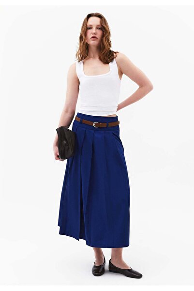 OXXO Long Pleated A-Line Skirt With Belt Detail - BELLWETHER BLUE