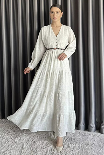 TOZLU V-Neck Women's Dress with Elastic Waist Belt