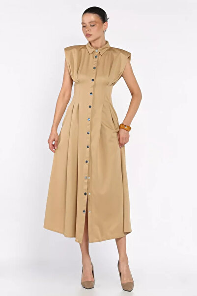TOZLU Pleated Front Snap Button Zero Sleeve Women's Dress