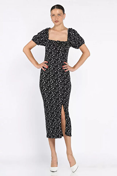 TOZLU Slit Balloon Sleeve Women's Patterned Dress