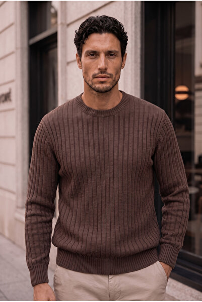 Valiberta Ashton Ribbed Crew Neck Men's Knitwear Sweater - Brown