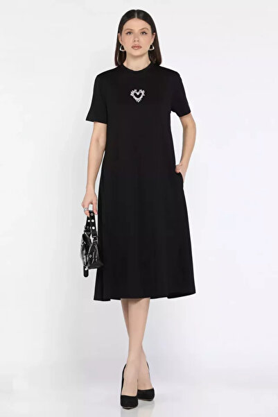 TOZLU Crew Neck Women's Short Sleeve Dress with Stone Detail and Pockets