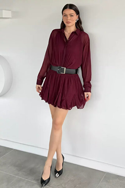 TOZLU Women's Belted Blouse Combination Dress