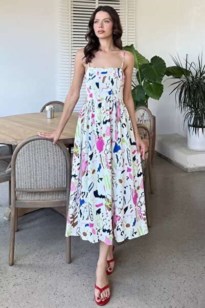 TOZLU Women's Adjustable Strap Back Elastic Patterned Dress