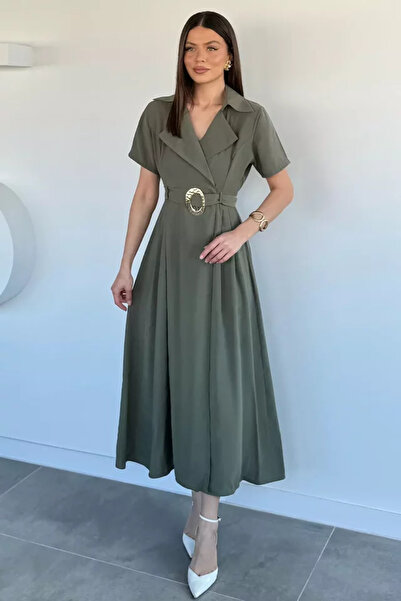 TOZLU Women's Tencel Fabric Double-Breasted Collar Belted Dress