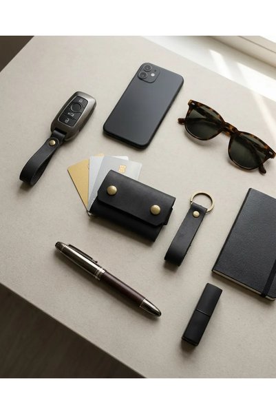 Generic Brand 100% Genuine Leather Handmade Mini Card Holder and Keychain Set - Minimalist Unisex Wallet 6X9 cm