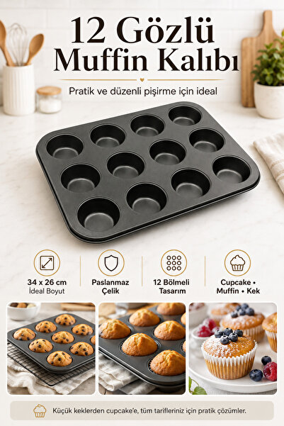 ALL FAST 12 Gözlü Muffin Kek Kalıbı 34 x 26 cm Cupcake ve Porsiyonluk Kek Piş...
