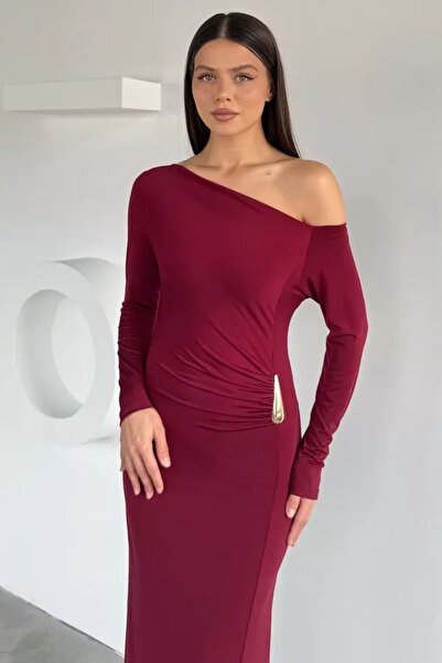 TOZLU Women's Off-Shoulder Gold Buckle Draped Lycra Dress