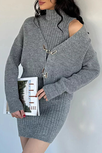 TOZLU Gülseli Women's Gold Detailed Cardigan Combination Knitwear Dress