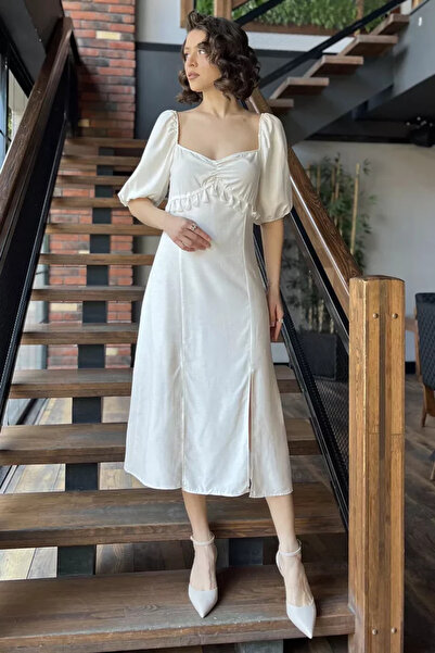 TOZLU Women's Front Tassel Detailed Elastic Sleeves Double Slit Linen Dress